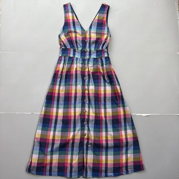 J. CREW Women 2 Mixed Madras Plaid Button-Up Picnic Midi Dress V-Neck Pockets - Picture 2 of 15